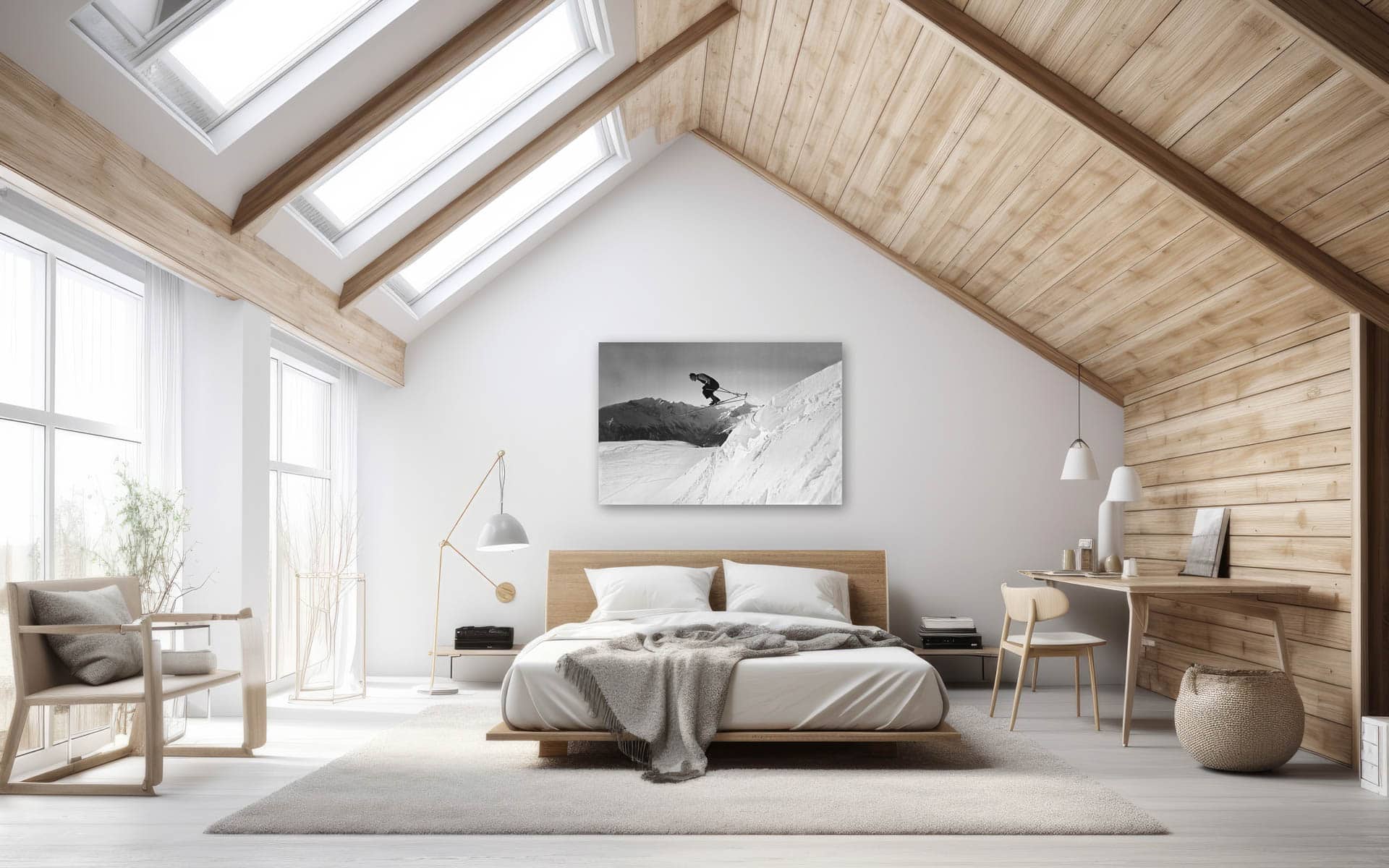 White attic bedroom with a wooden ceiling, white walls, white floors, and white and gray furniture including a bed with a table next to it. Poster up close. a mockup. Generative AI