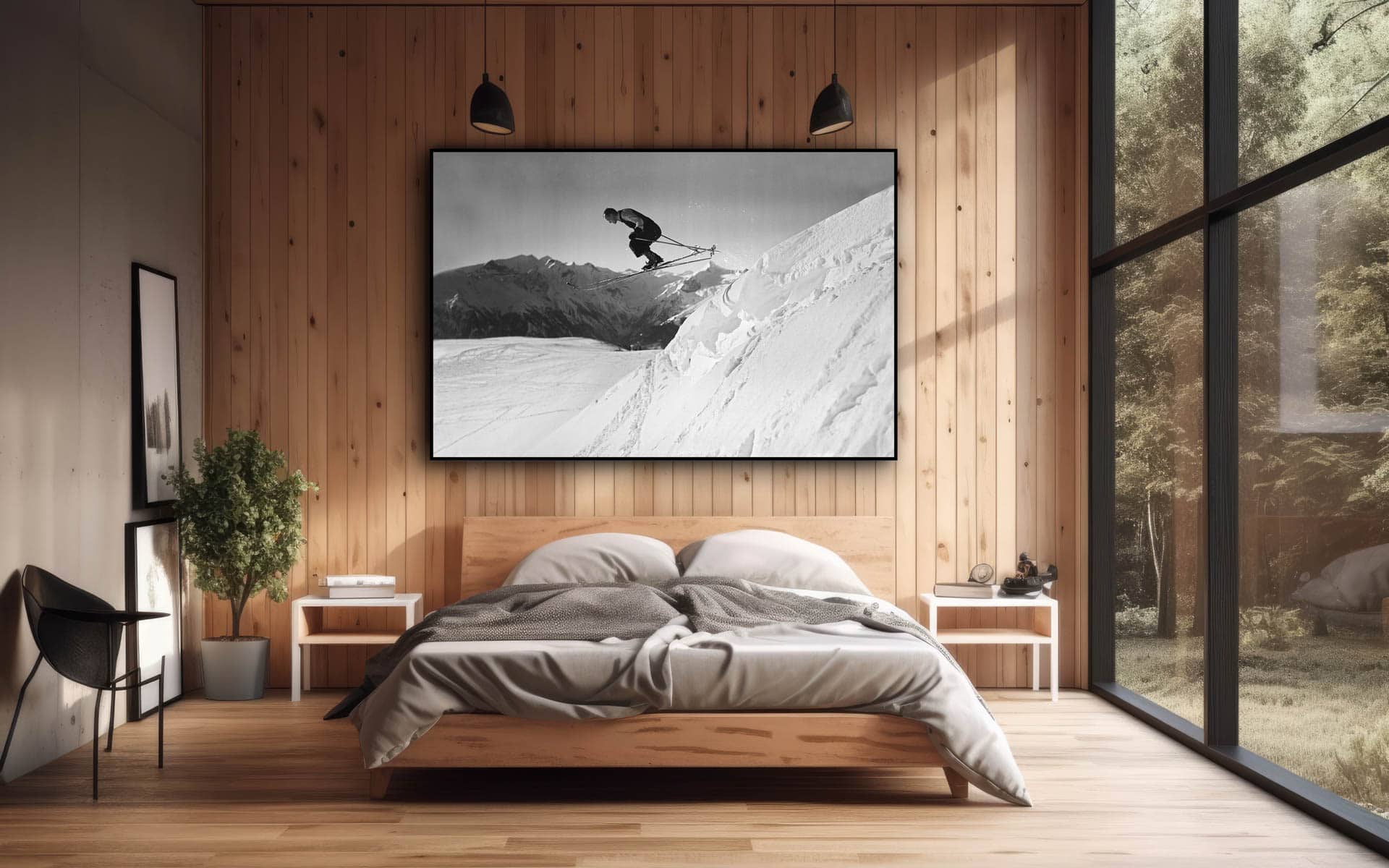 a mock up, toned image of a timber bedroom interior with a double bed, a vertically framed poster on a wall in the foreground, and a panoramic window. Generative AI