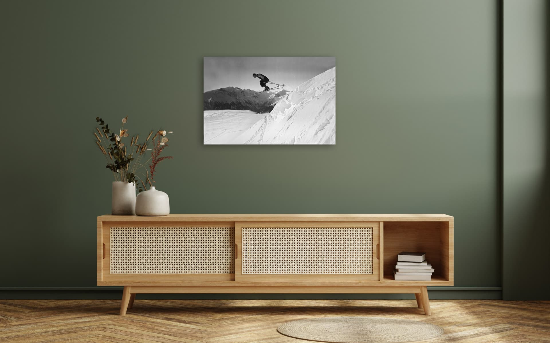 Modern interior of living room with cabinet for tv on dark green