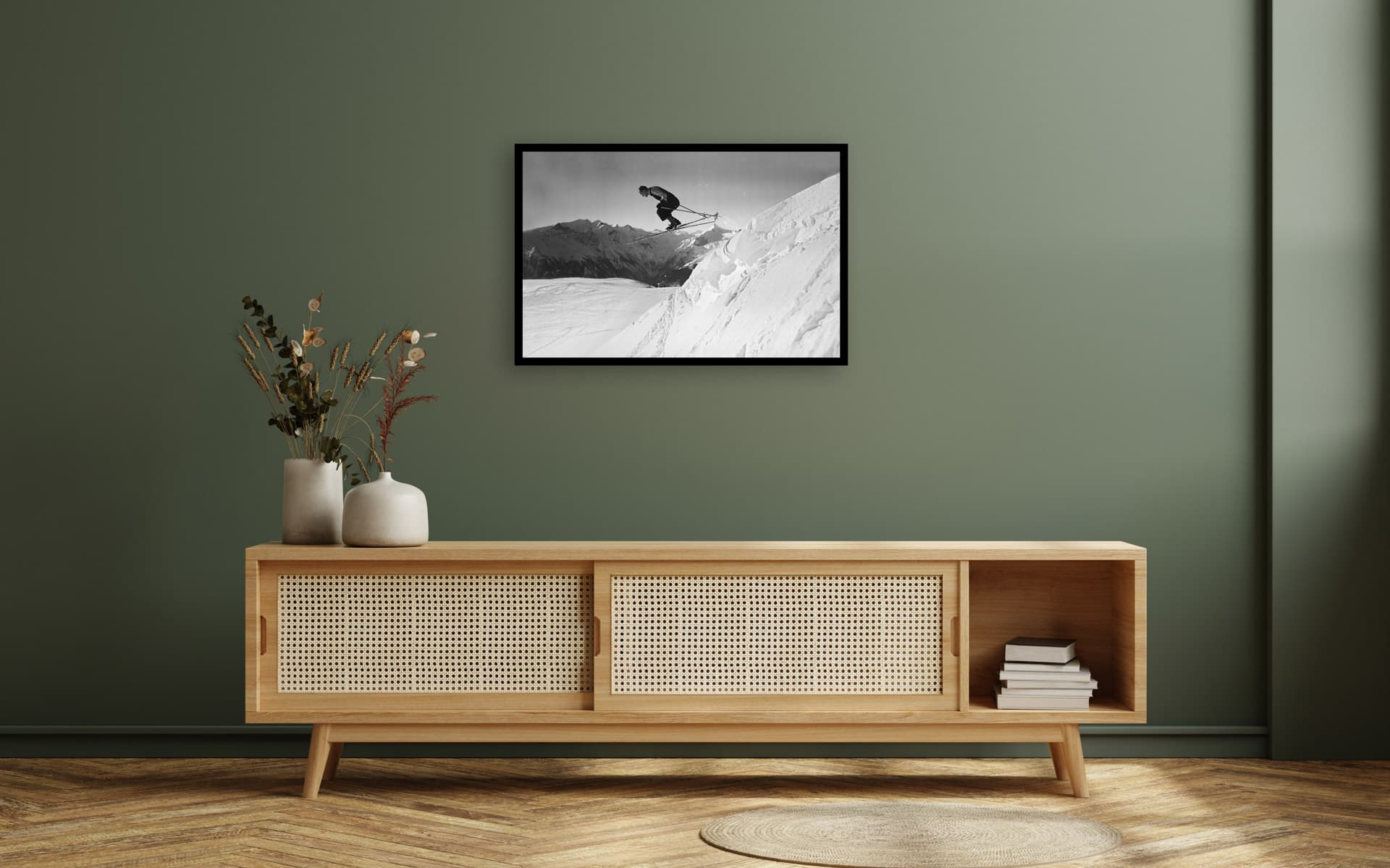 Modern interior of living room with cabinet for tv on dark green