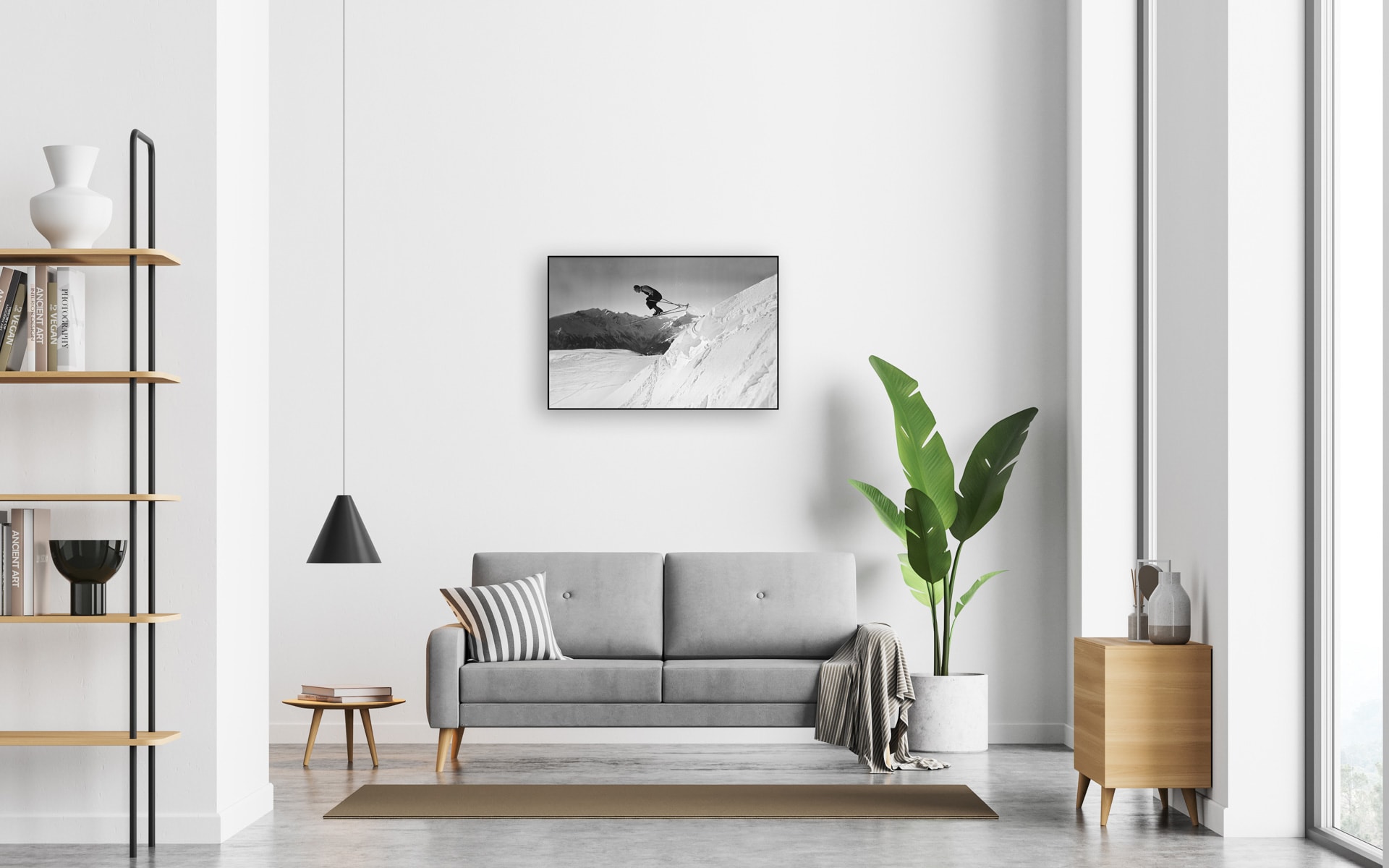 Bright living room interior with white empty wall