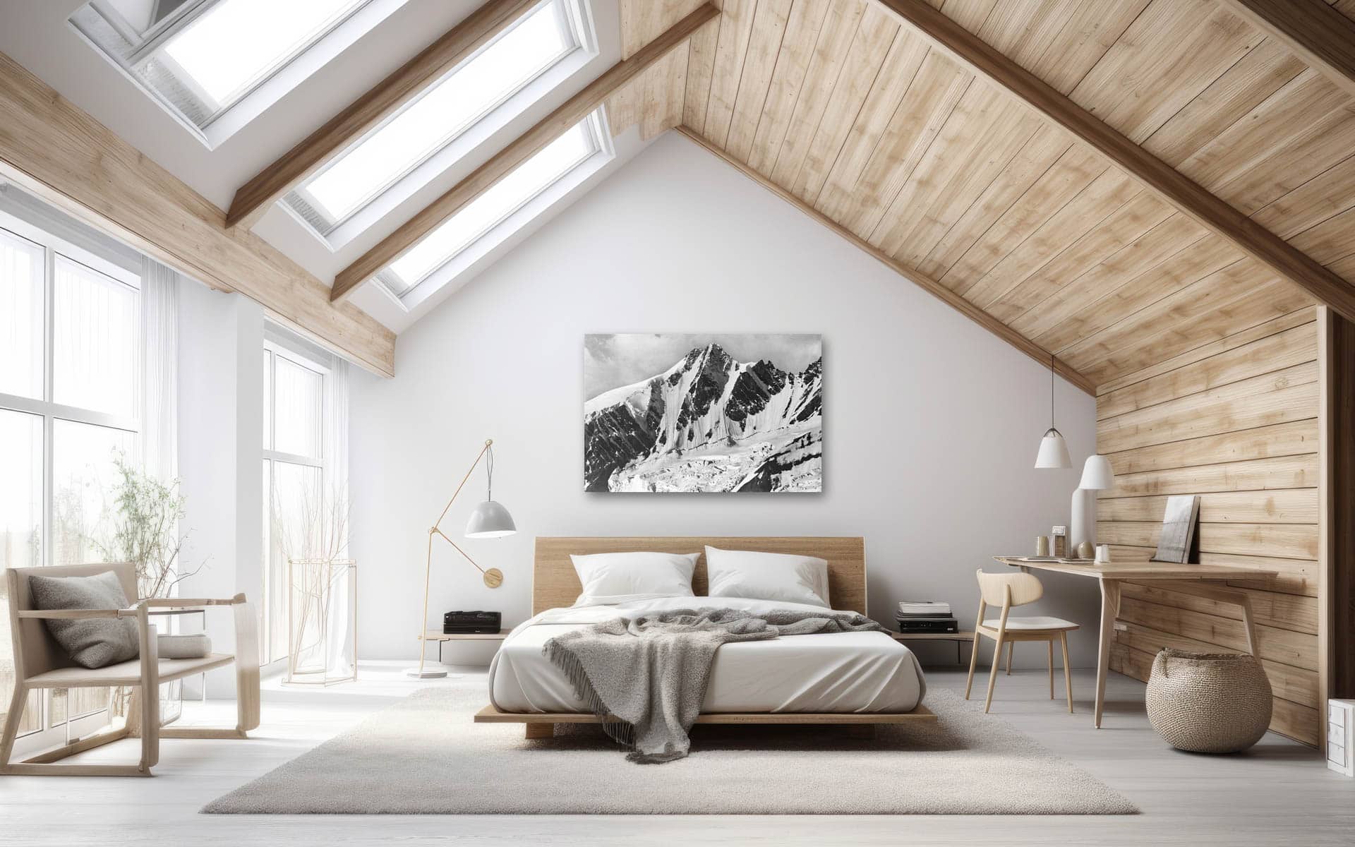 White attic bedroom with a wooden ceiling, white walls, white floors, and white and gray furniture including a bed with a table next to it. Poster up close. a mockup. Generative AI