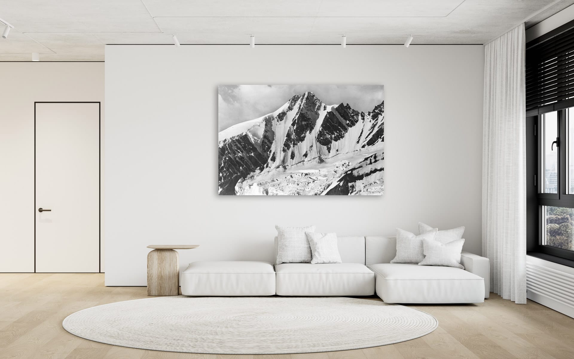 White contemporary minimalist interior with sofa and decor. 3d render illustration mockup.