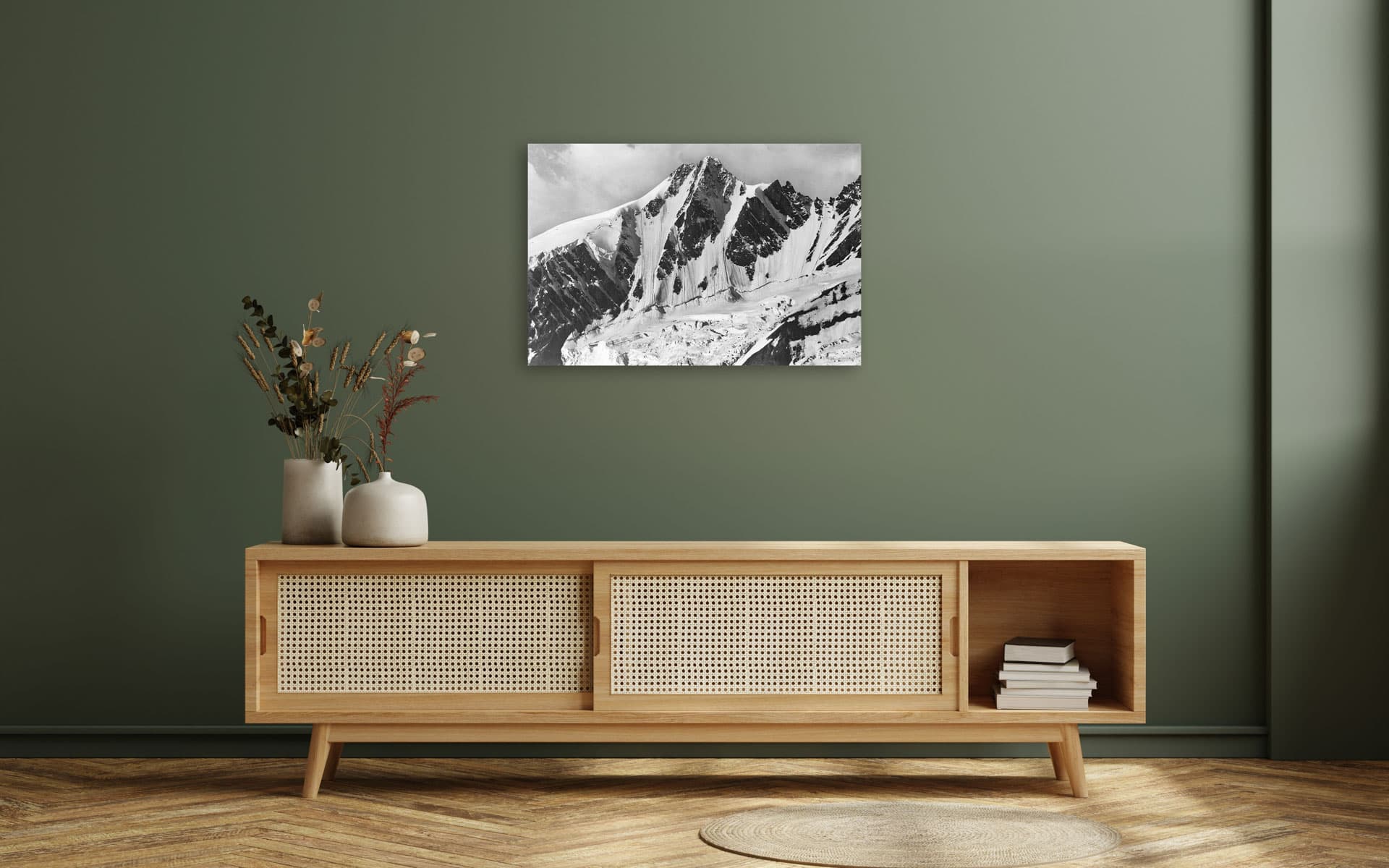 Modern interior of living room with cabinet for tv on dark green