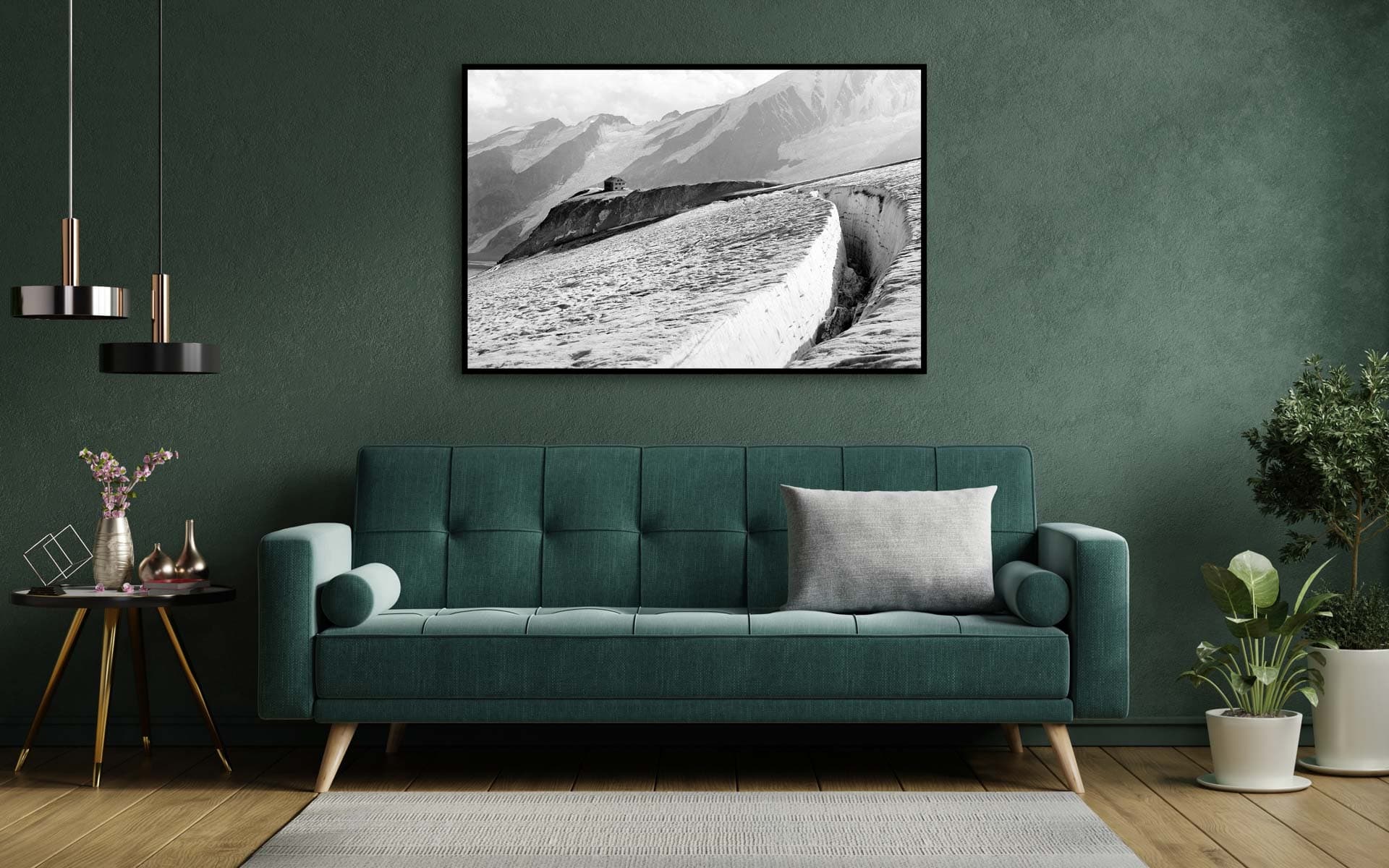 Living room interior with green sofa and decoration room on empt