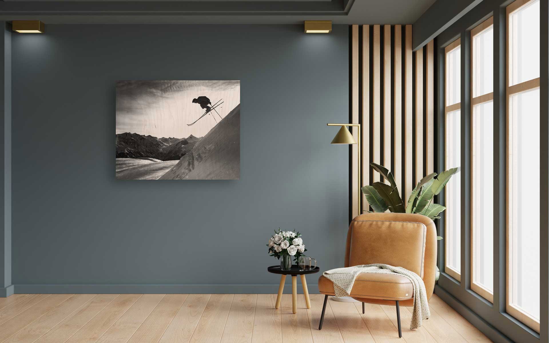 Cozy modern living room interior with leather armchair and decor