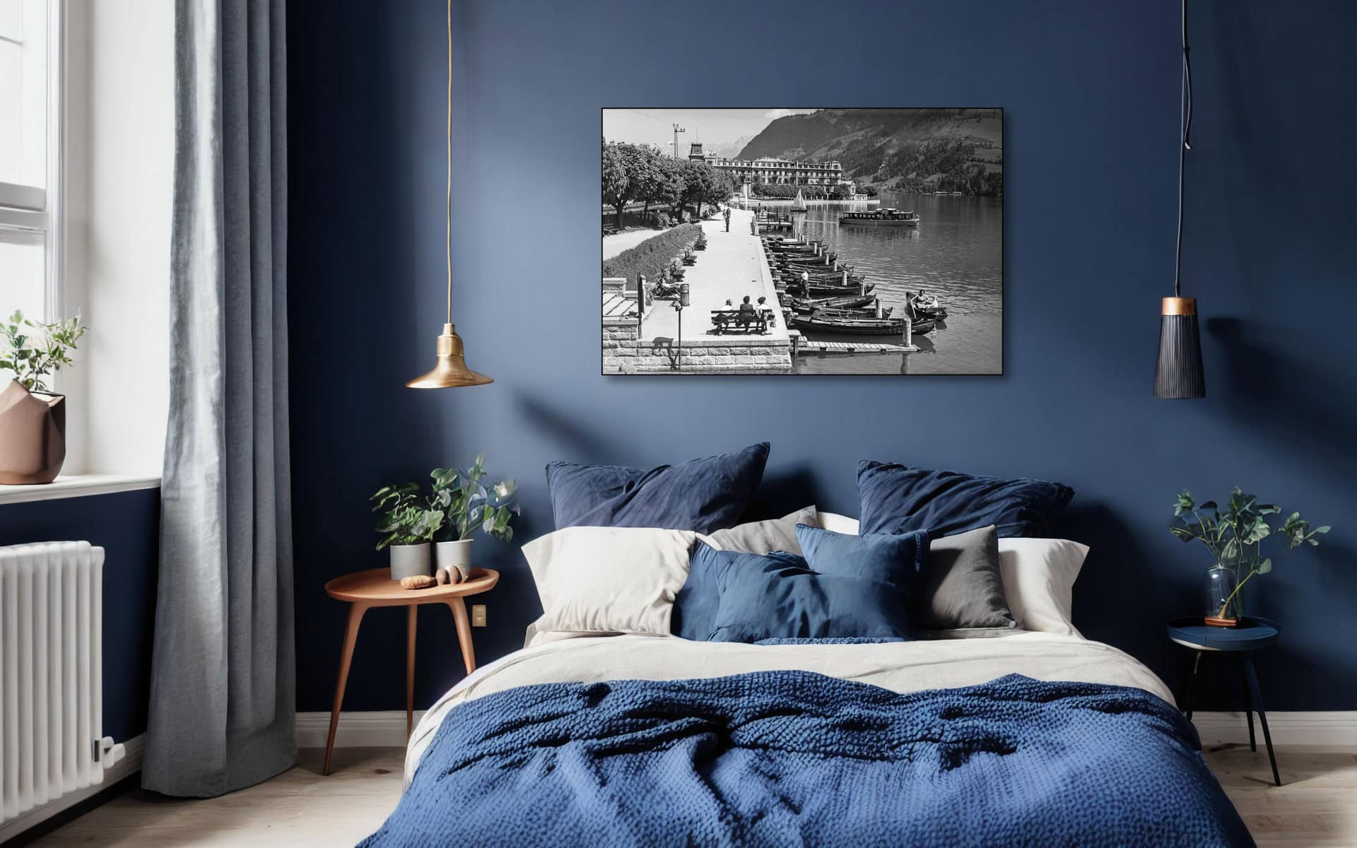 Dark bed and mockup dark blue wall in bedroom interior. Generati