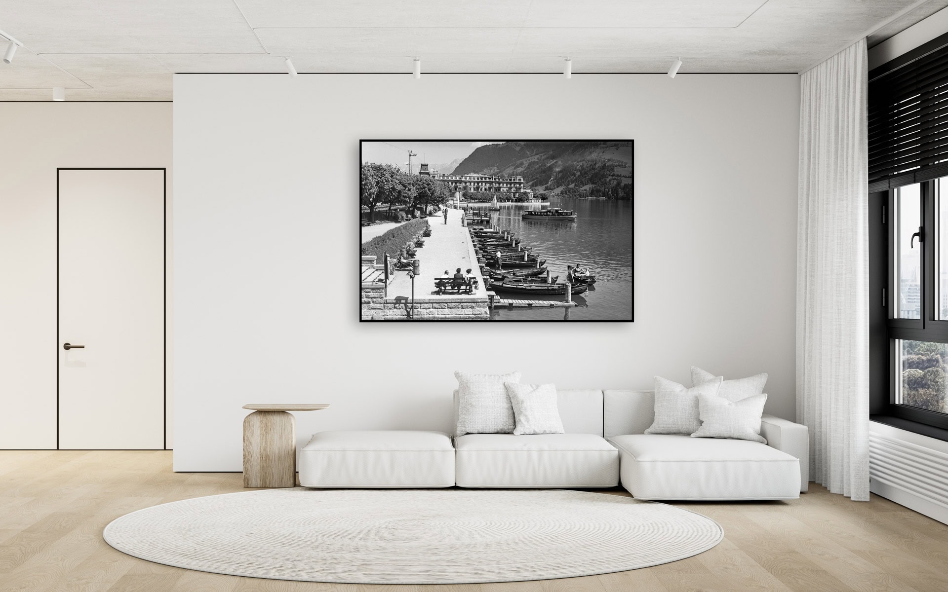 White contemporary minimalist interior with sofa and decor. 3d render illustration mockup.